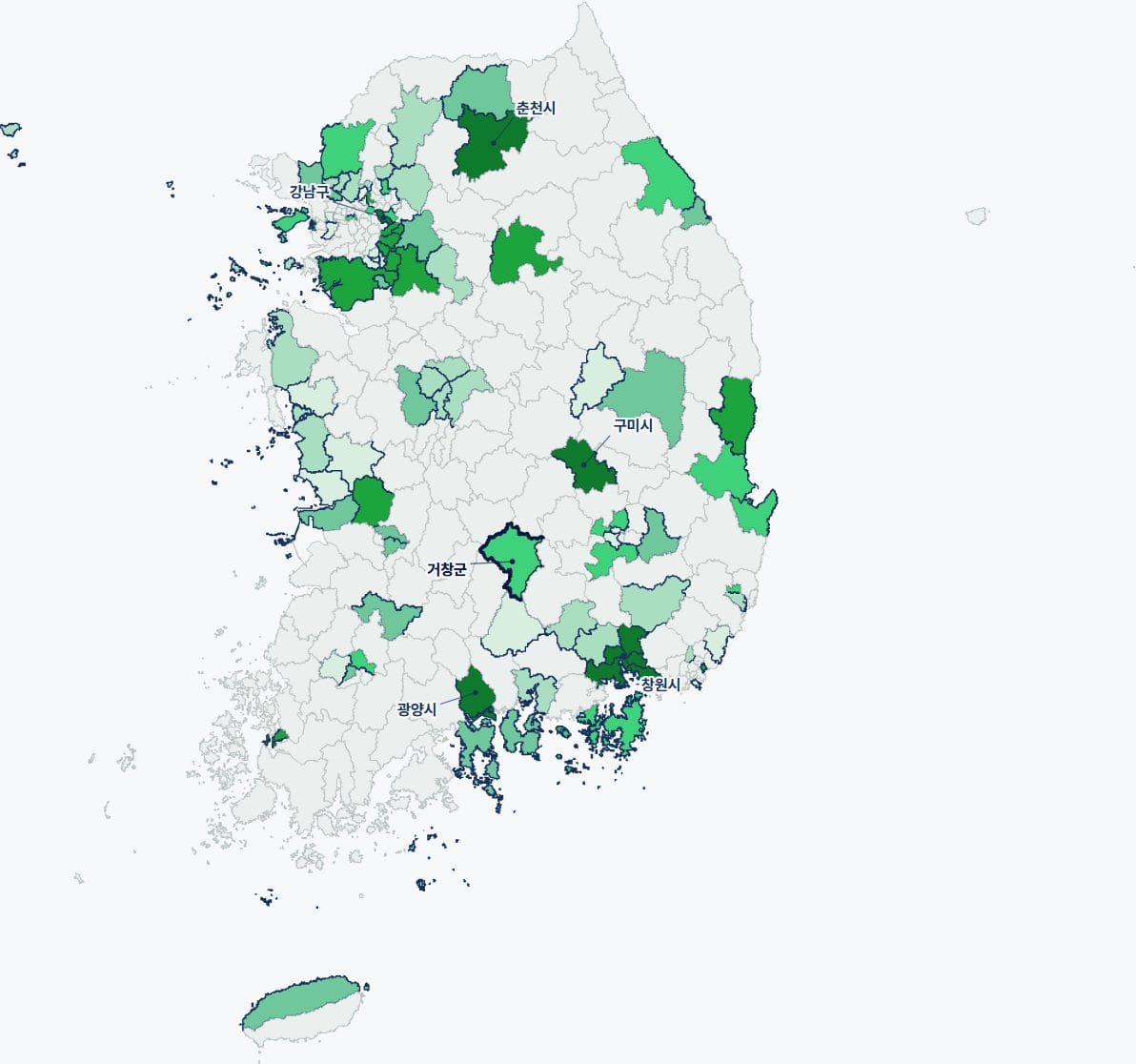 캠페인 첫 2주 시군별 수거 개수 지도