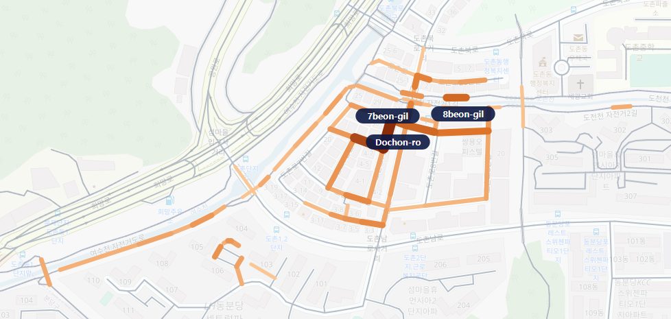 Street map of Dochon-dong. Streets with records are drawn in orange, thicker and darker where more items were found per 100m. Dochon-ro 7beon-gil is the darkest