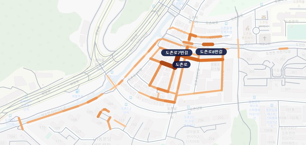 도촌동 길 지도. 기록이 닿은 길을 100m당 개수만큼 굵고 진한 주황색으로 칠했다. 도촌로7번길이 가장 진하다